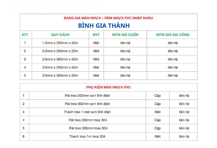 BÁO GIÁ MÀN NHỰA RÈM NHỰA PVC MỚI NHẤT 2025