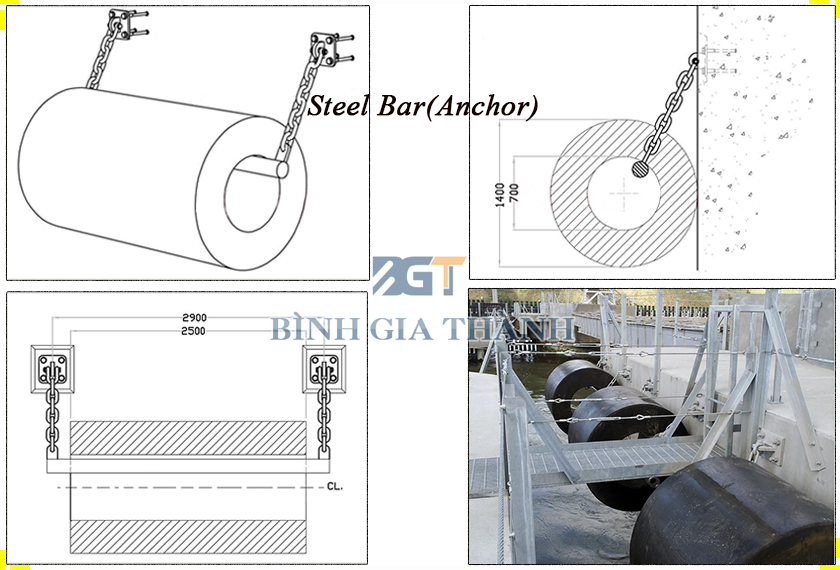 Quy cách cao su chống va hình trụ (Đệm chống va tàu thuyền) Lap dat dem cao su chong va hinh tru bang thanh sat